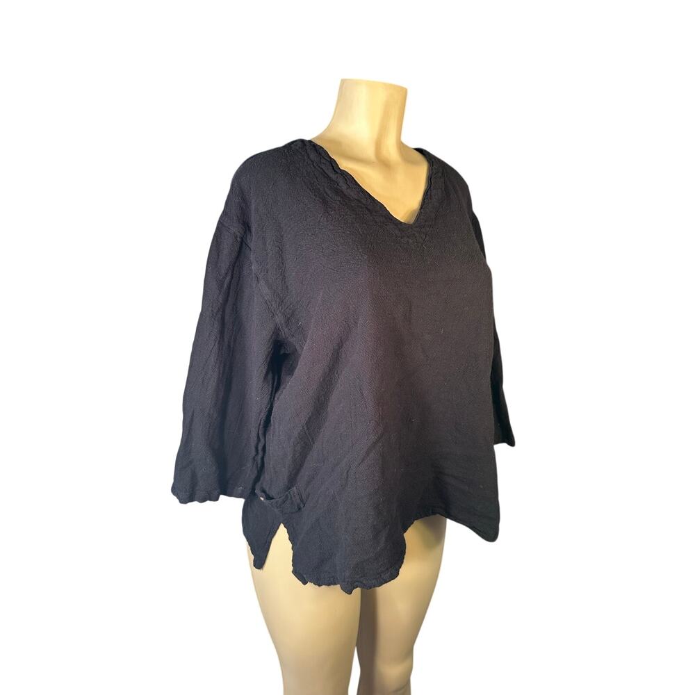 Vintage Women XL Drawstrings of Malibu Cotton Travel Wear Black Top Blouse